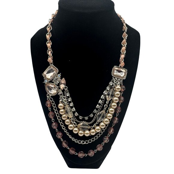 Multi-Layered Statement Necklace With Faux Pearls Crystals & Pink Chain By NY - Picture 2 of 6